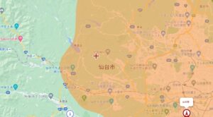 仙台市青葉区周辺に立つ電波局と地デジ電波が届いているエリア