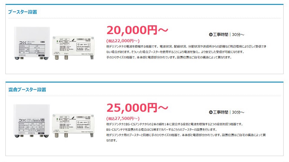 テレビアンテナのブースターの設置にかかる費用